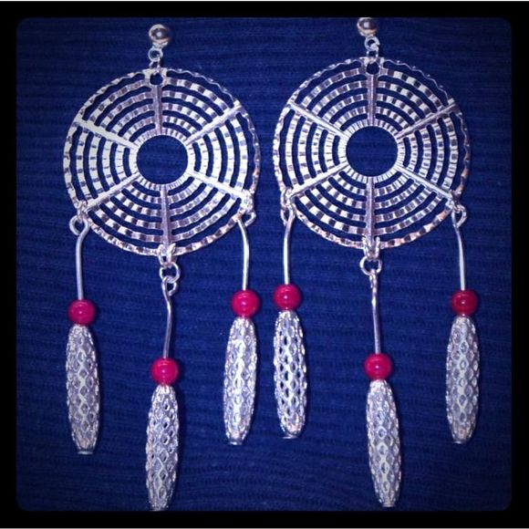 Handmade Funky Abstract Silver Plated Pink Fossil Stone Dreamcatcher Earrings - Picture 1 of 5